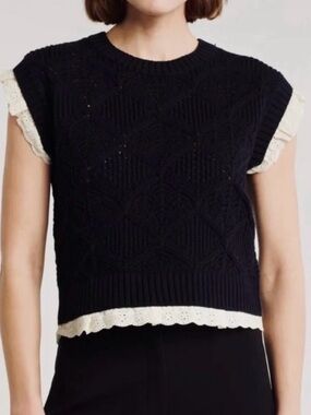 Elie Tahari Black Knit Cropped Sweater Vest Shell with Cream Eyelet Trim